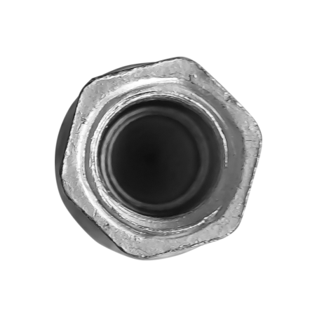 Product image of zinc flake coated concrete screw BTS 6 H with hex head with double internal thread M8 / M10 - detailed image of head