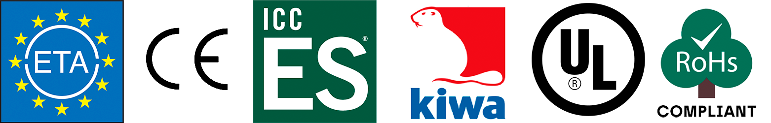 FORCE ONE+ accessories include ETA, CE, ICC ES, KIWA, UL, and RoHS certifications